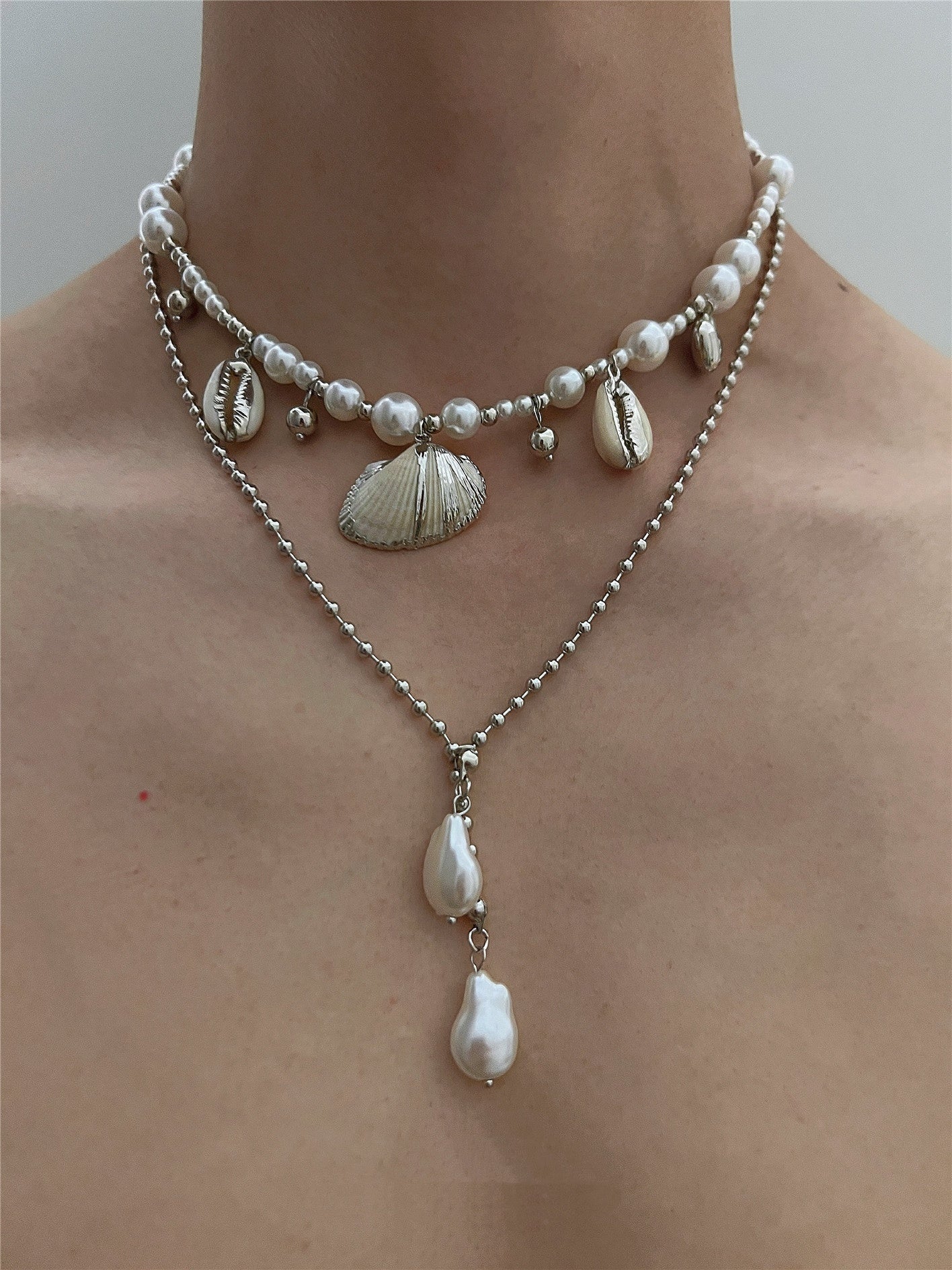 Beach Seashell ImitationPearl Pendant Double Layer Necklace eprolo