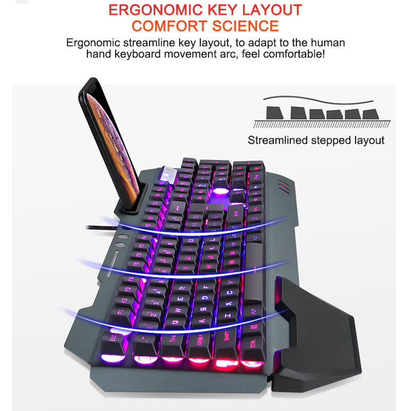 ErgonomicWired Gaming Keyboard with RGB Backlight Phone Holder eprolo