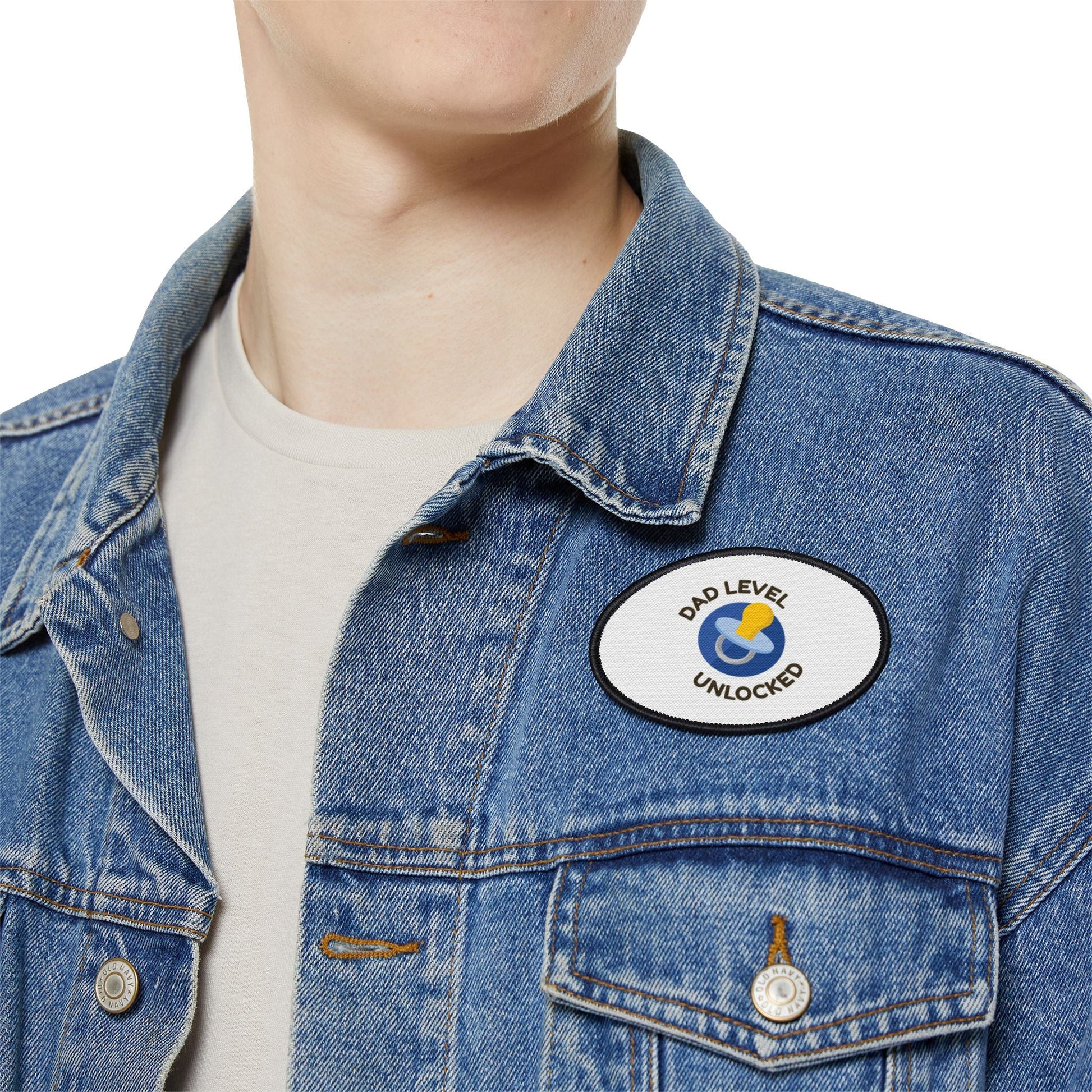 Dad Level Unlocked Iron-On Patch — Pacifier Badge for New Dads, Baby Shower Gift Printify