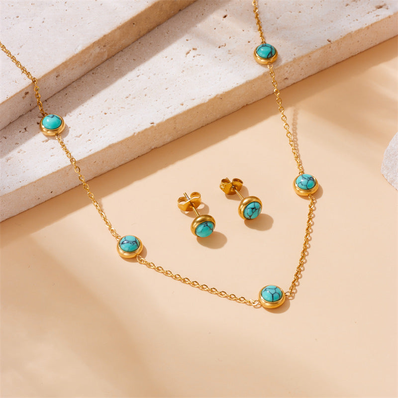 Round Turquoise Accessory Chain Earrings Stainless Steel Set eprolo