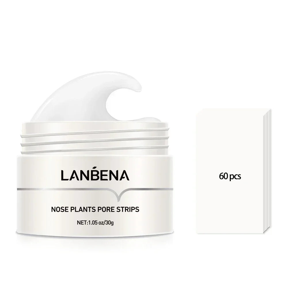 LANBENA Peel Off Mask with Aloe Vera Extract in jar with 60 nose strips for effective blackhead removal.