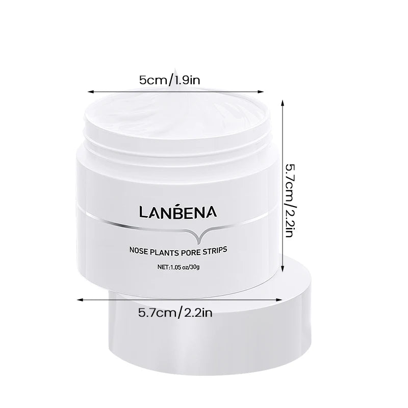 LANBENA Blackhead Remover Peel Off Mask container dimensions with aloe vera extract for clear skin.