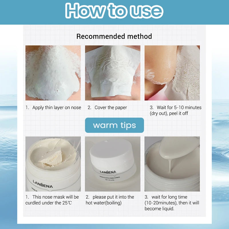 Step-by-step guide on how to use LANBENA Blackhead Remover Peel Off Mask, with warm tips for best results.