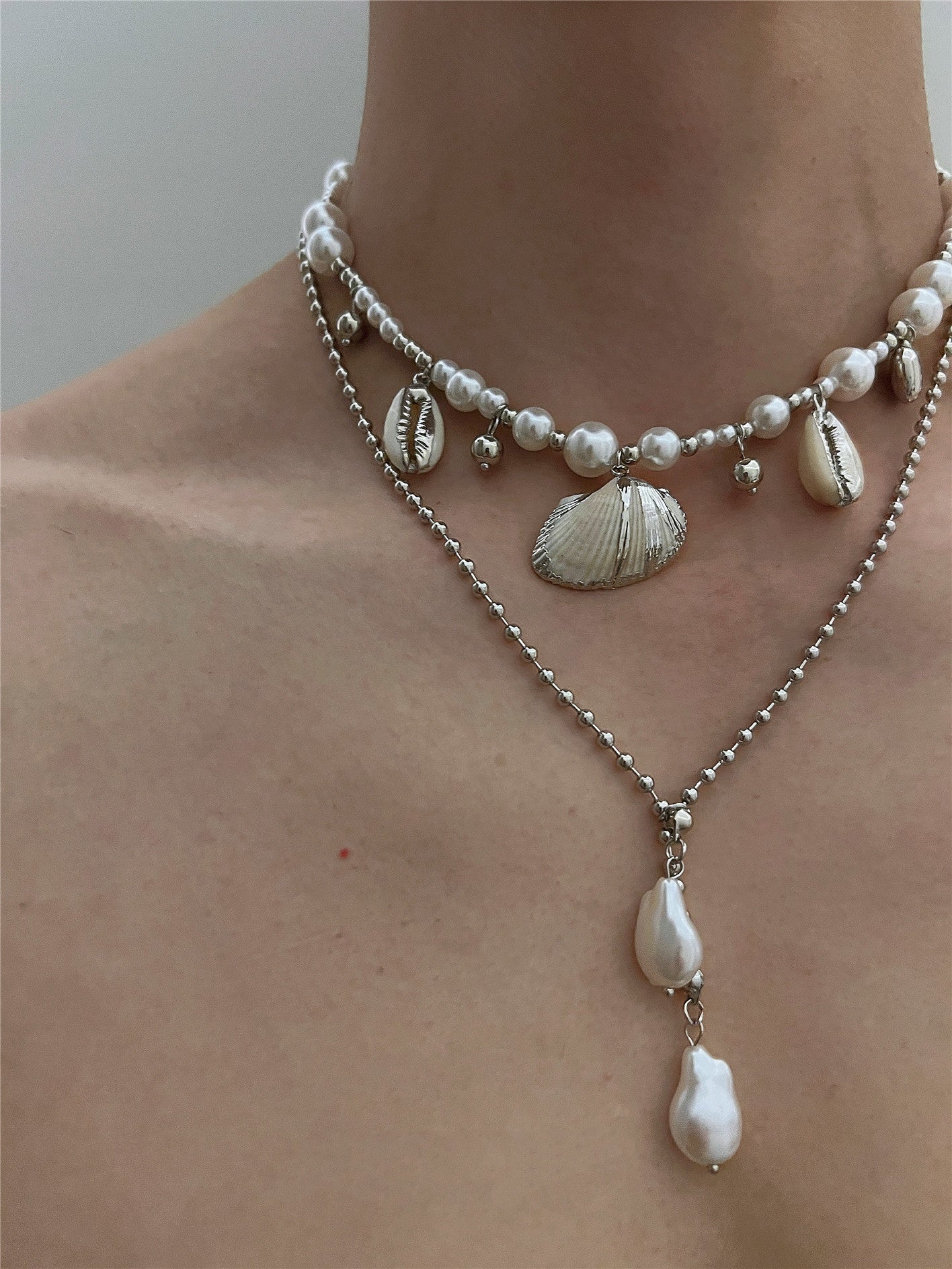 Beach Seashell ImitationPearl Pendant Double Layer Necklace eprolo