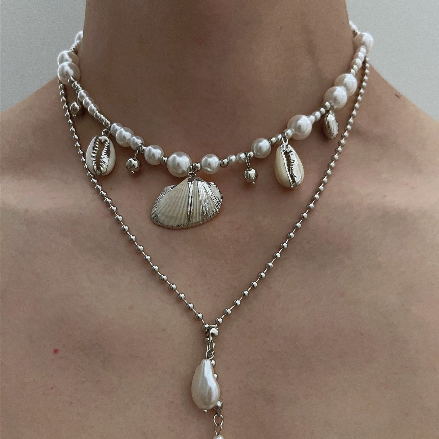 Beach Seashell ImitationPearl Pendant Double Layer Necklace eprolo